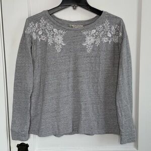 LOFT | Marled Gray Floral Embroidered Long Sleeve Shirt Blouse Top
